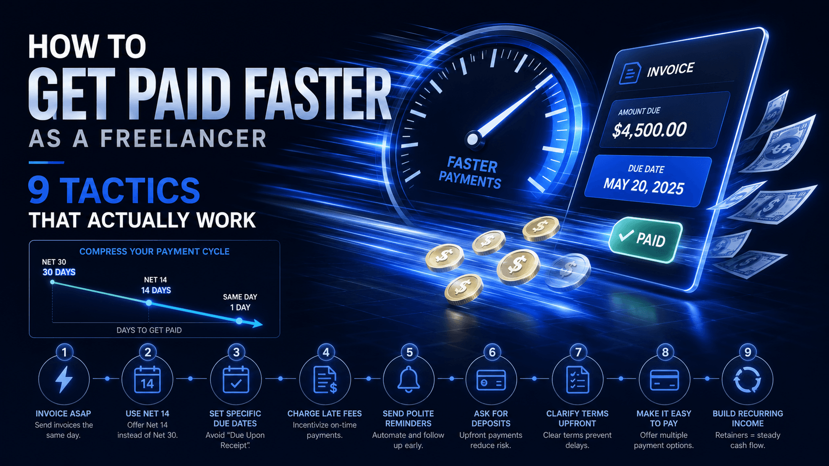 Illustration of an accelerating payment timeline with currency flowing into an invoice.