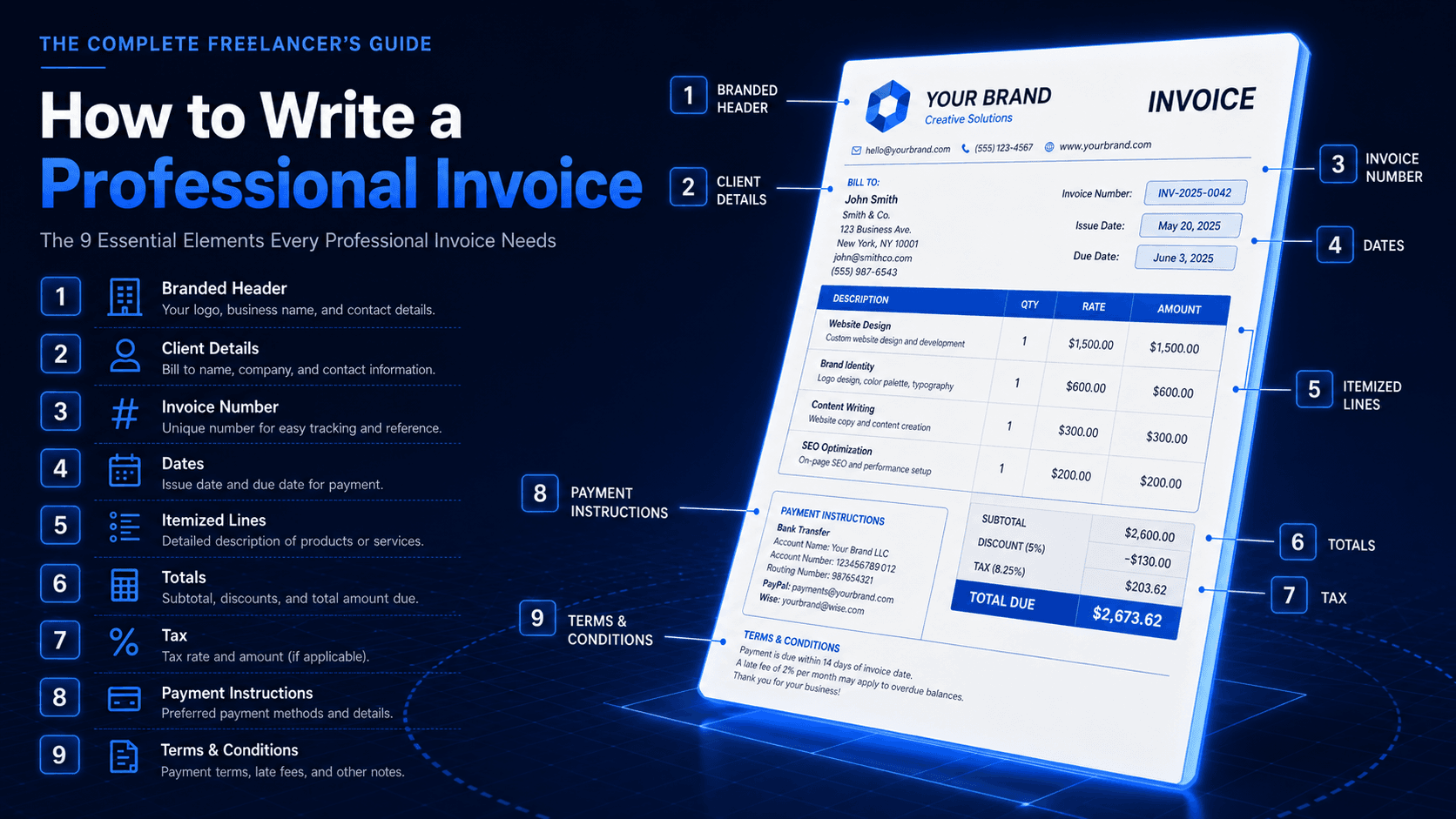 Illustration of a professional invoice with itemized line items and totals.