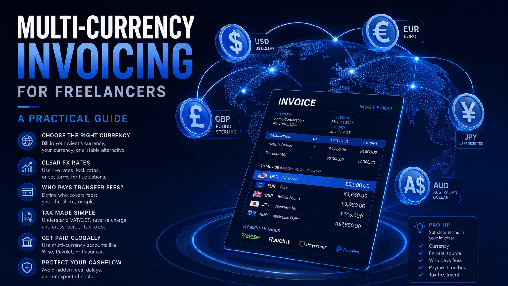 Globe with currency symbols and connection lines representing international invoicing.